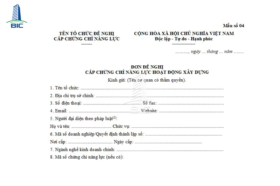 mẫu đơn đề nghị cấp chứng chỉ năng lực xây dựng