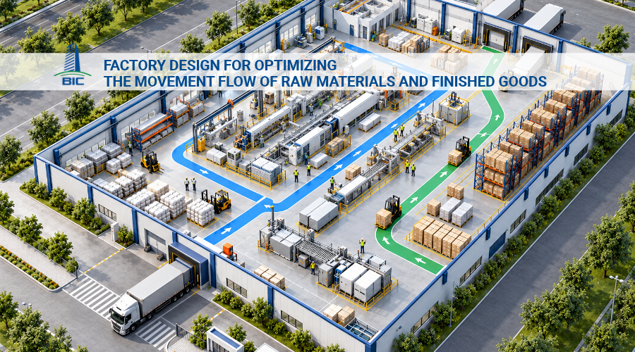 Factory Design for Optimizing the Movement Flow of Raw Materials and Finished Goods